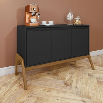 Manhattan Comfort Mid-Century Modern Gales 48.50 Sideboard with Solid Wood Legs In Matte Black Room