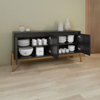 Manhattan Comfort Mid-Century Modern Gales 63.32 Sideboard with Solid Wood Legs in Matte Black Kitchen