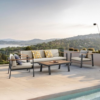 Armen Living Nofi 4 piece Outdoor Patio Set In Charcoal/Gray Finish With Taupe/Gray Cushions And Teak Wood