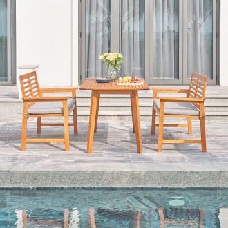 Vifah Waimea Honey 3-Piece Slatted Eucalyptus Wood Patio Dining Set with Bench and Cushion, Front Angle
