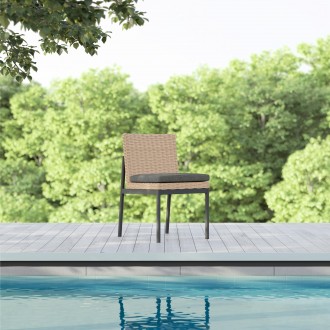 Azzurro Terra Armless Dining Chair With Matte Charcoal Aluminum Frame and Natural All-Weather Wicker - Lifestyle