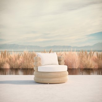 Azzurro Texoma Swivel Club Chair In Natural Aluminum And Almond All-Weather Wicker With Cloud Cushion - Lifestyle