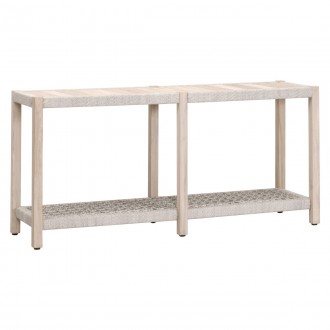 Essentials For Living Wrap Outdoor Console Table - Taupe & White Flat Rope, Gray Teak - Front Side Angle