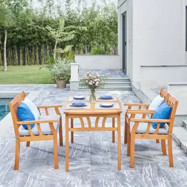 Vifah Kapalua Honey Nautical 4-Piece Wooden Outdoor Dining Set with Bench, Front Angle