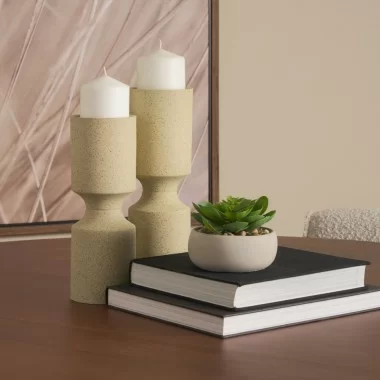 Mercana Akira Textured Beige Metal Pillar Candle Holder
