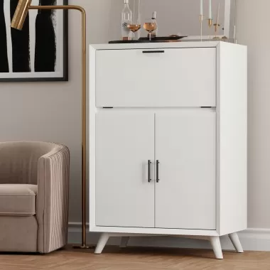 Alpine Furniture Flynn Large Bar Cabinet w/ Drop Down Tray, White - Lifestyle