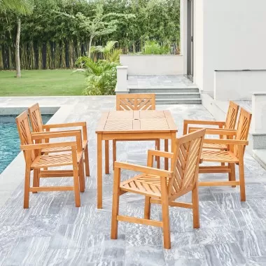 Vifah Olina Honey 7-Piece Fish Bone Eucalyptus Wooden Outdoor Dining Set, Front Angle