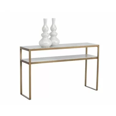 Sunpan Evert Console Table - Front Side Angle with Decor