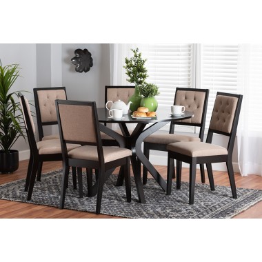 Baxton Studio Mana Modern Sand Fabric and Dark Brown Finished Wood 7-Piece Dining Set - Lifestyle