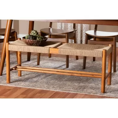 Baxton Studio Saura Mid-Century Modern Oak Brown Finished Wood and Hemp Dining Bench - Lifestyle