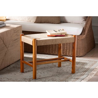 Baxton Studio Saura Mid-Century Modern Oak Brown Finished Wood and Hemp Accent Bench - Lifestyle