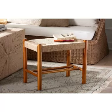 Baxton Studio Saura Mid-Century Modern Oak Brown Finished Wood and Hemp Accent Bench - Lifestyle