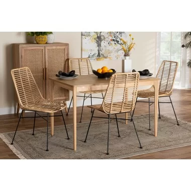 Baxton Studio Manhattan Modern Bohemian Rattan and Natural Oak Finished Wood 5-Piece Dining Set - Lifestyle