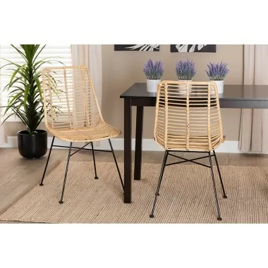 Baxton Studio Manhattan Modern Bohemian Natural Brown Rattan and Black Metal Dining Chair - Set of Two - Lifestyle