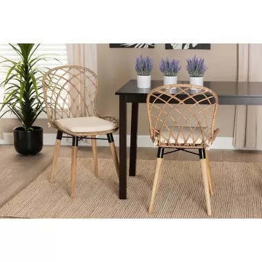 Baxton Studio Sabelle Modern Bohemian Natural Brown Finished Teak Wood and Greywashed Rattan Dining Chair - Lifestyle