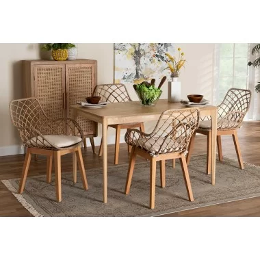 Baxton Studio Ballerina Modern Bohemian Greywashed Rattan and Natural Brown Finished Mahogany Wood 5-Piece Dining Set - Lifestyle