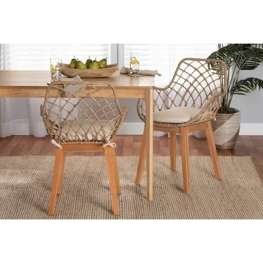 Baxton Studio Ballerina Modern Bohemian Greywashed Rattan and Natural Brown Finished Wood 2-Piece Dining Chair Set - Lifestyle