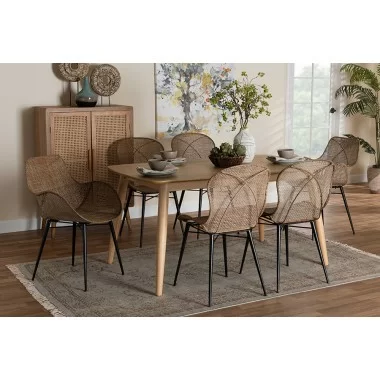 Baxton Studio Emmali Modern Bohemian Greywashed Rattan and Natural Brown Finished Wood 7-Piece Dining Set - Lifestyle