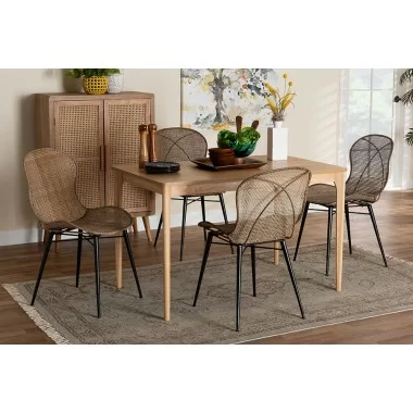 Baxton Studio Sabelle Japandi Natural Brown Finished Wood and Greywashed Rattan 5-Piece Dining Set - Lifestyle