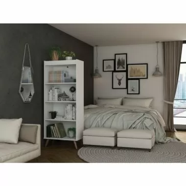 Manhattan Comfort Hampton 4-Tier Bookcase with Solid Wood Legs in White