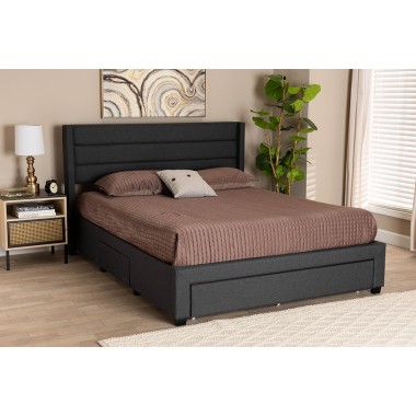 Baxton Studio Braylon Mid-Century Modern Transitional Charcoal Grey Fabric and Dark Brown Finished Wood Queen Size 3-Drawer Storage Platform Bed - Lifestyle