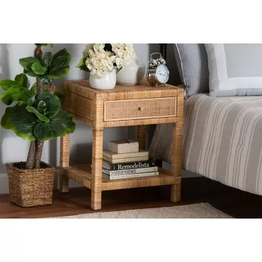 Baxton Studio Adelia Modern Bohemian Natural Rattan and Mahogany Wood 1-Drawer Nightstand - Lifestyle