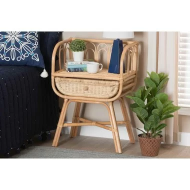 Baxton Studio Panchali Modern Bohemian Natural Brown Rattan Nightstand - Lifestyle