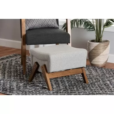 Baxton Studio Hanson Mid-Century Modern Light Grey Fabric and Walnut Brown Finished Wood Ottoman - Lifestyle