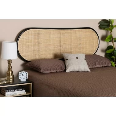 Baxton Studio Reegan Modern Bohemian Two-Tone Black and Natural Brown Rattan Queen Size Standalone Headboard - Lifestyle