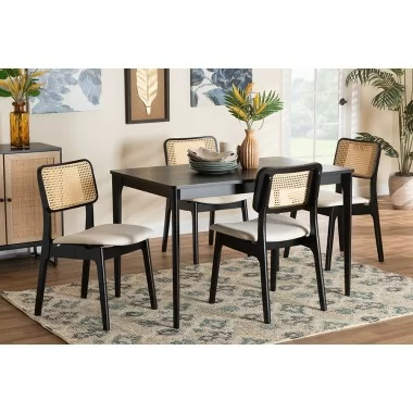 Baxton Studio Dannon Mid-Century Modern Cream Fabric and Black Finished Wood 5-Piece Dining Set - Lifestyle