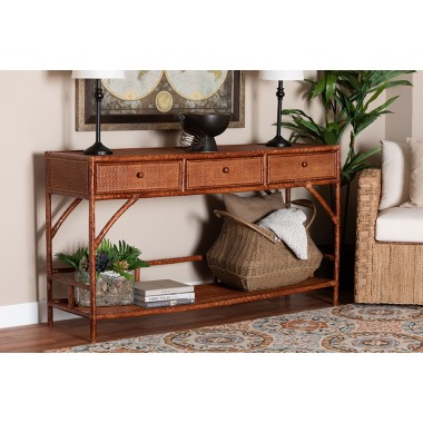 Baxton Studio Bali and Pari Brier Marbled Tortoise Natural Rattan Console Table - Lifestyle