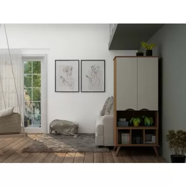 Manhattan Comfort Hampton 26.77 Display Cabinet 6 Shelves and Solid Wood Legs in Off White and Maple Cream