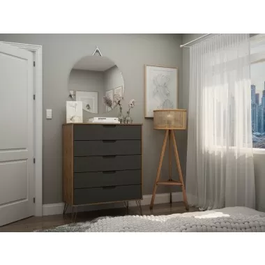 Manhattan Comfort Rockefeller 5-Drawer Tall Dresser with Metal Legs In Grey