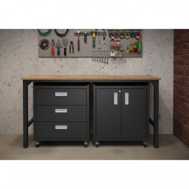 Manhattan Comfort 3-Piece Fortress Mobile Space-Saving Steel Garage Cabinet and Worktable 3.0 in Charcoal Grey