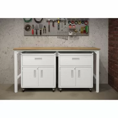 Manhattan Comfort 3-Piece Fortress Mobile Space-Saving Steel Garage Cabinet and Worktable 4.0 in White