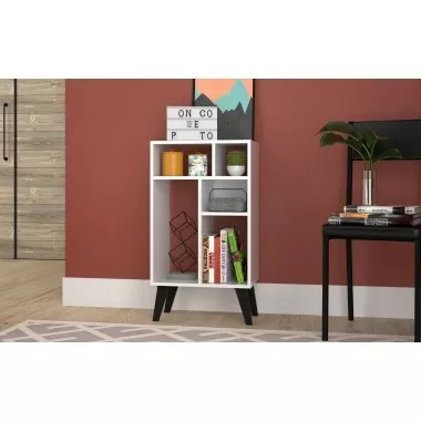 Manhattan Comfort Warren Low Bookcase 3.0 with 5 Shelves in White with Black Feet