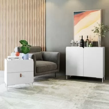 Manhattan Comfort Mid-Century Modern Bogardus 2-Piece Living Room Set with Accent Cabinet White