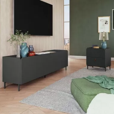 Manhattan Comfort Mid-Century Modern Bogardus 2-Piece TV Stand Living Room Set with Accent Cabinet Black