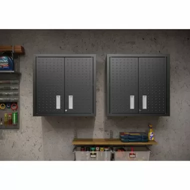 Manhattan Comfort Fortress 30" Floating Textured Metal Garage Cabinet with Adjustable Shelves in Charcoal Grey - Set of 2