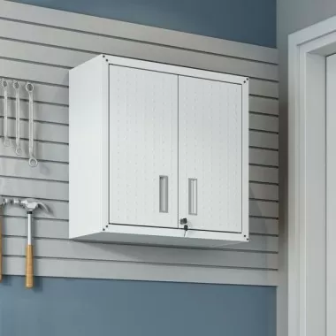Manhattan Comfort Fortress 30" Floating Textured Metal Garage Cabinet with Adjustable Shelves in White Front