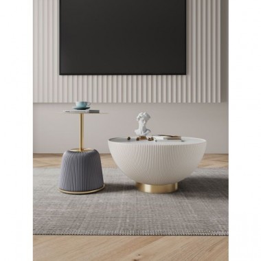 Manhattan Comfort Modern Anderson Coffee Table and End Table 1.0 Upholstered in Cream and Grey Leatherette with Ceramic Faux Tabletop and Gold Metal Tabletop- Set of 2 