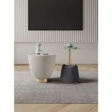 Manhattan Comfort Modern Anderson End Table 1.0 and End Table 2.0 Upholstered in Cream and Grey Leatherette with Ceramic Faux Tabletop and Gold Metal Tabletop- Set of 2