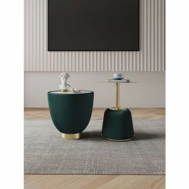 Manhattan Comfort Modern Anderson End Table 2.0 Upholstered in Leatherette with Ceramic Faux Marble Tabletop Green