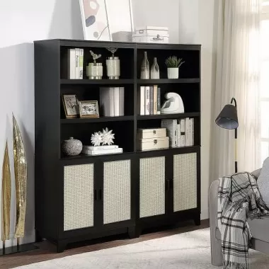 Manhattan Comfort Sheridan Modern Cane Bookcase with Adjustable Shelves - Set of 2 Black