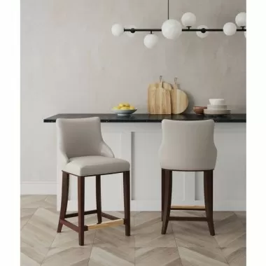 Manhattan Comfort Modern Shubert Counter Stool Upholstered In Light Grey Leatherette with Beech Wood Legs - Set of 2