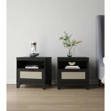 Manhattan Comfort Sheridan Modern Cane Nightstand - Set of 2 Black