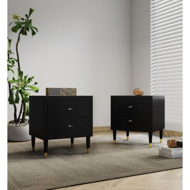 Manhattan Comfort Stanton Modern Nightstand with 2 Full Extension Drawers and Solid Wood Legs in Black - Set of 2