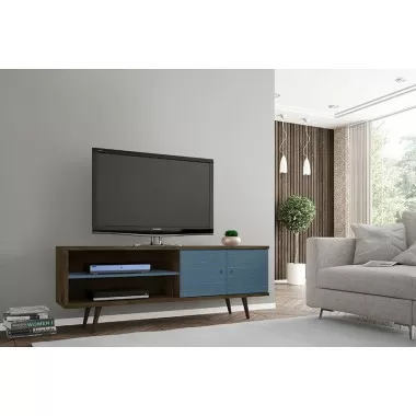 Manhattan Comfort Liberty 62.99 Mid-Century Modern TV Stand and Panel with Solid Wood Legs in Rustic Brown and Aqua Blue