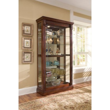 Pulaski Furniture Lighted Sliding Door 5 Shelf Curio Cabinet in Cherry Brown Room View