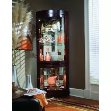 Pulaski Furniture Curved 5 Shelf Corner Curio Cabinet in Cherry Brown Room View